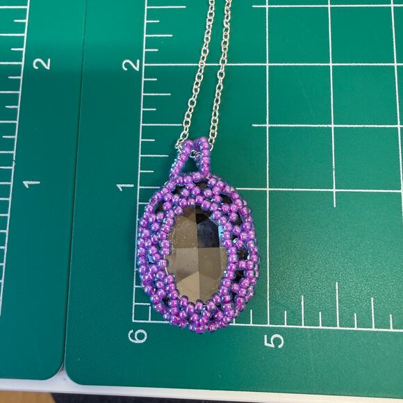 New Handmade Purple Beaded Crystal bezeled Pendant on Silver plated Chain - Picture 7 of 7